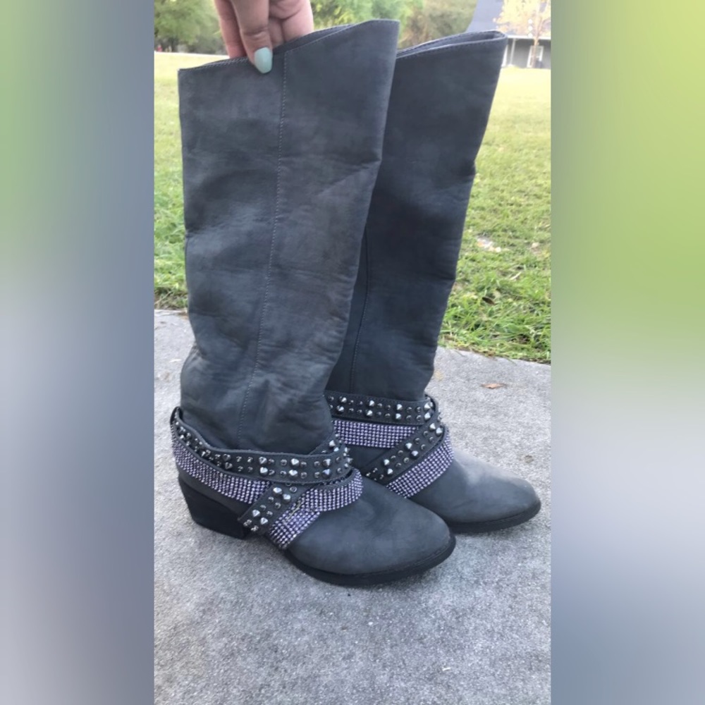 Buckle knee high embellished boots
